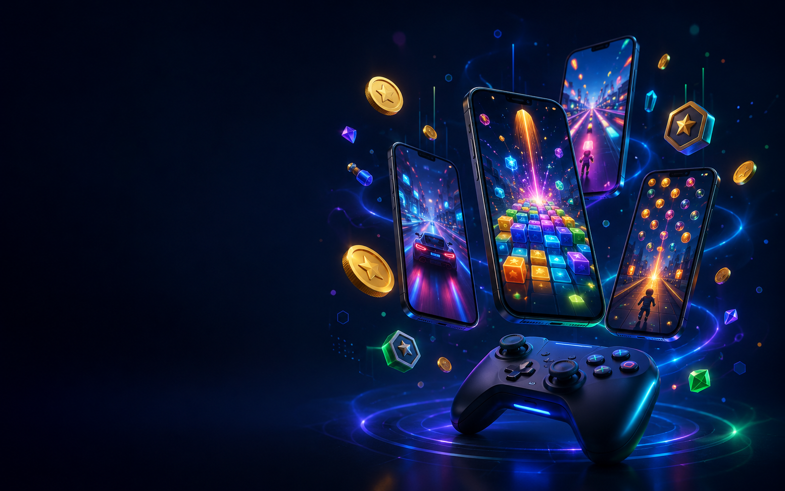 Celulares, controle e moedas representando games e aplicativos MobPlayService